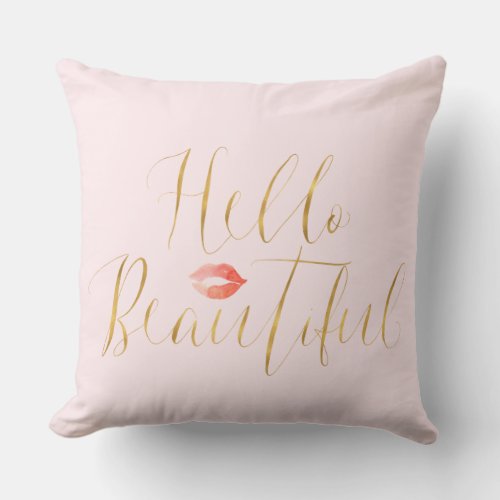 Blush Pink Gold Hello Beautiful Lips Throw Pillow