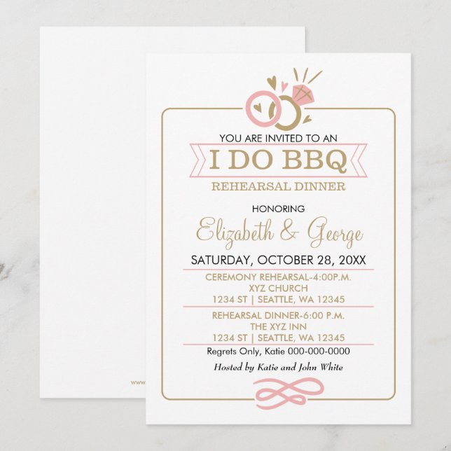 blush pink gold I DO BBQ rehearsal dinner Invitation (Front/Back)