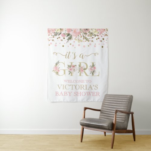 Blush Pink Gold Its A Girl Baby Shower Banner Tapestry