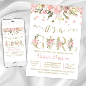 Blush Pink Gold Its A Girl Baby Shower Invitation by The_Baby_Boutique at Zazzle