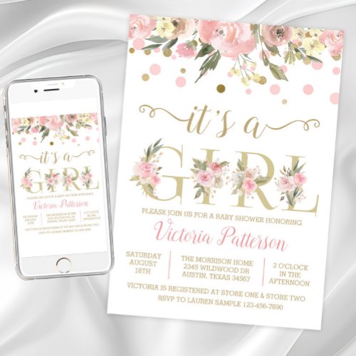 Blush Pink Gold Its A Girl Baby Shower Invitation