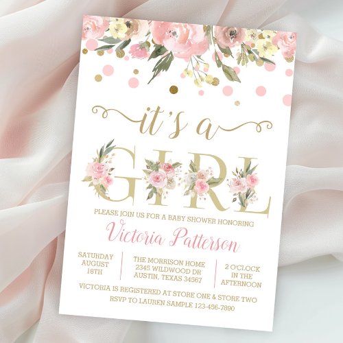 Blush Pink Gold Its A Girl Baby Shower Invitation