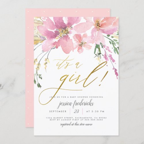 Blush Pink  Gold Its A Girl Floral Baby Shower Invitation