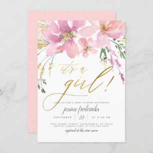Blush Pink & Gold It's A Girl Floral Baby Shower Invitation