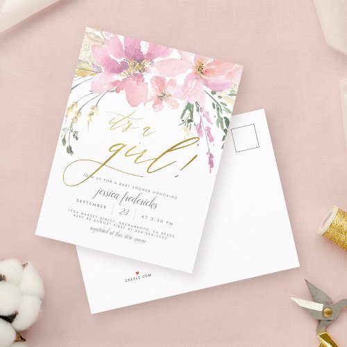 Blush Pink  Gold Its A Girl Floral Baby Shower Invitation Postcard