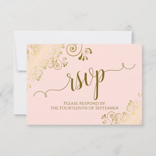 Blush Pink  Gold Lace Elegant Calligraphy Wedding RSVP Card