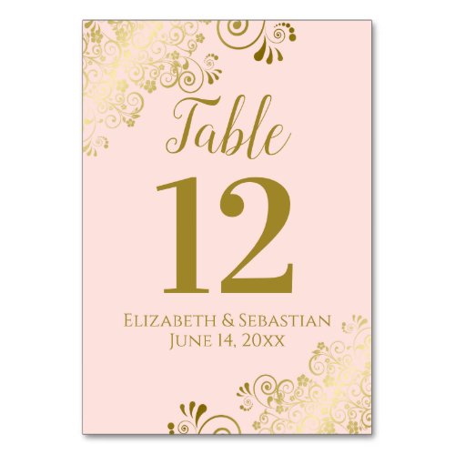 Blush Pink  Gold Lace Elegant Frilly Wedding Table Number