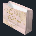 Blush Pink & Gold Lace Maid of Honor Chic Wedding Large Gift Bag<br><div class="desc">This beautiful gift bag is designed as a wedding gift or favor bag for the Maid of Honor. It features a beautiful blush pink background with golden faux foil lace curls and swirls in the corners. The gold script lettering reads "Maid of Honor" with a place to enter her name,...</div>