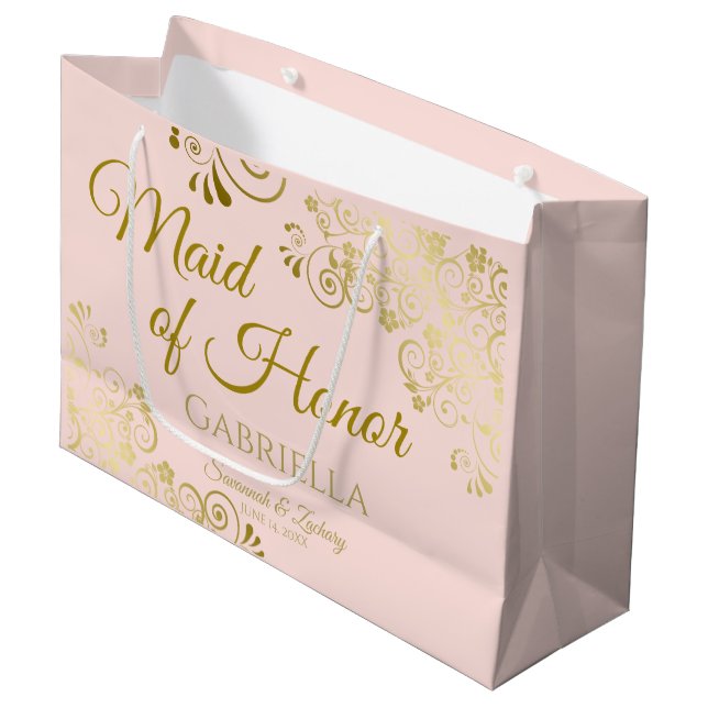 Blush Pink & Gold Lace Maid of Honor Chic Wedding Large Gift Bag (Front Angled)