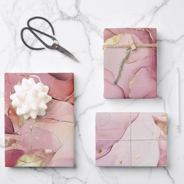Blush Pink Gold Leaves Abstract Bridal Shower Wrapping Paper Sheets (Front)