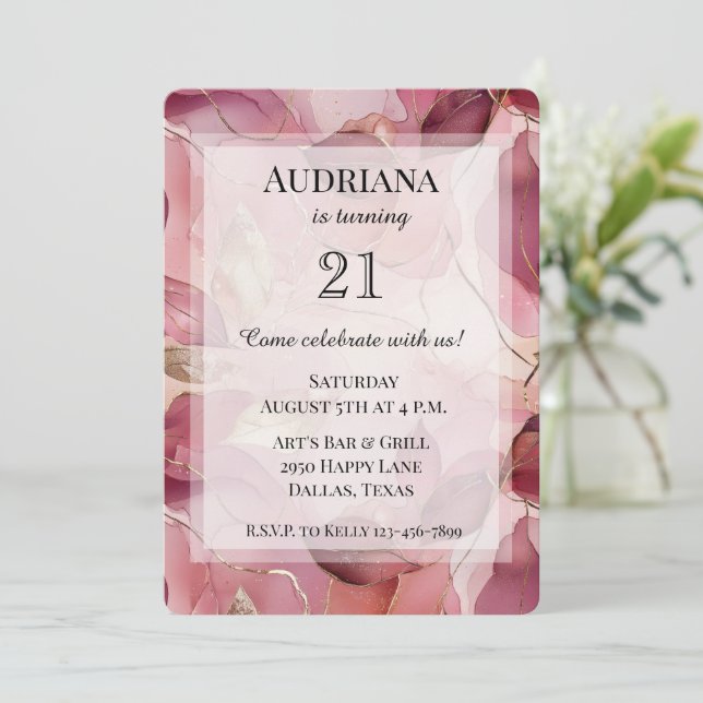 Blush Pink Gold Leaves Birthday Invitation (Standing Front)