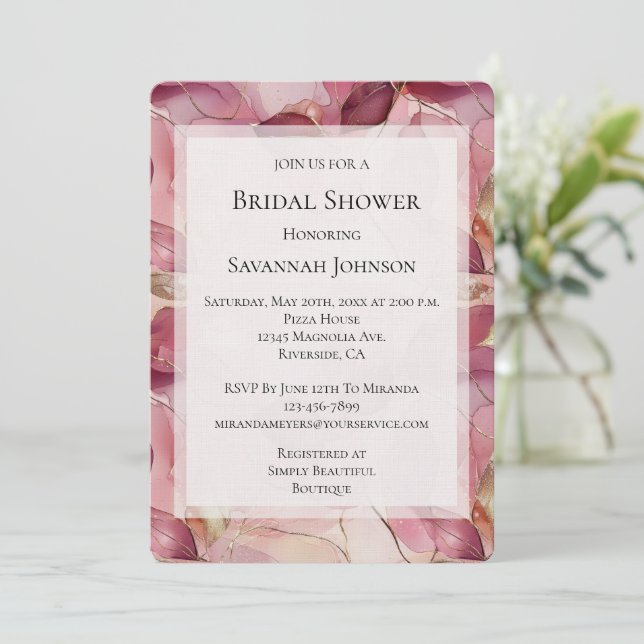 Blush Pink Gold Leaves Bridal Shower Invitation (Standing Front)