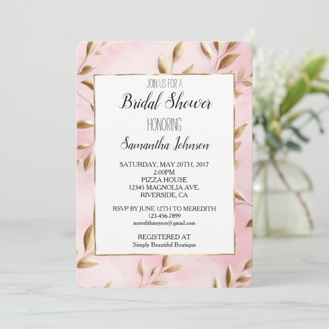 Blush Pink Gold Leaves Bridal Shower Invitation (Standing Front)
