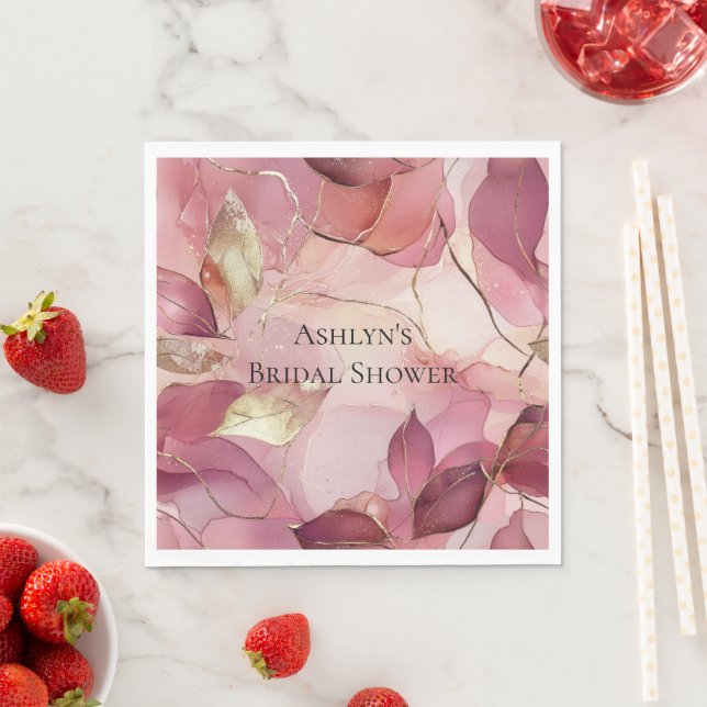 Blush Pink Gold Leaves Bridal Shower Napkins (Insitu)
