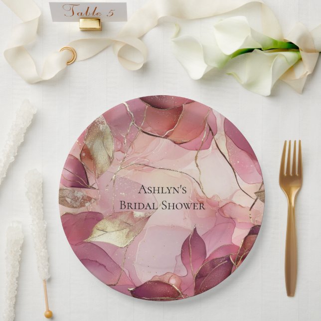 Blush Pink Gold Leaves Bridal Shower Paper Plates (Wedding)