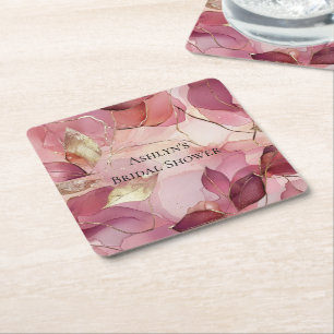 Blush Pink Gold Leaves Bridal Shower Square Paper Coaster