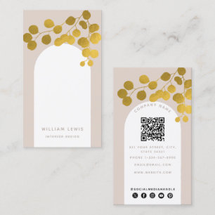 Blush Pink Gold Leaves Modern Arch QR Code  Business Card