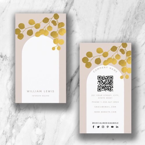 Blush Pink Gold Leaves Modern Arch QR Code  Business Card
