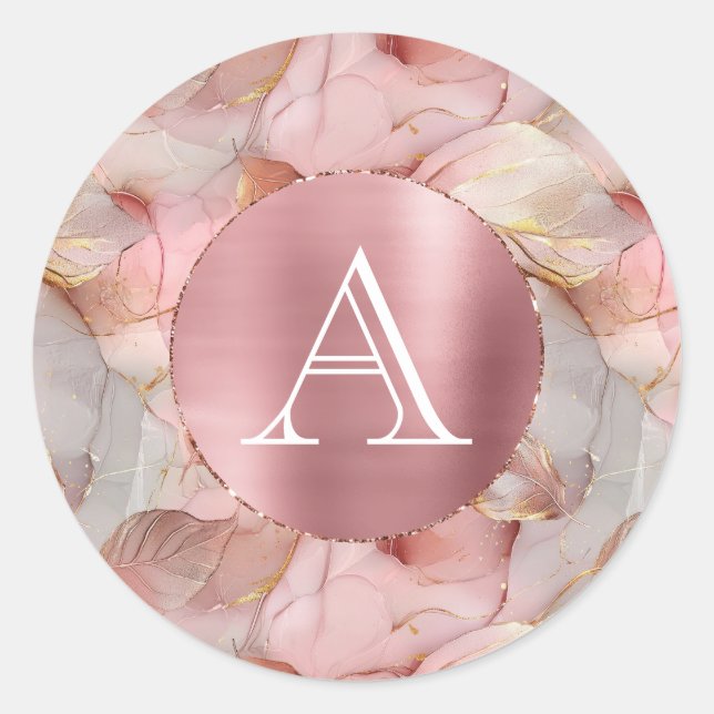 Blush Pink Gold Leaves Monogram Classic Round Sticker (Front)