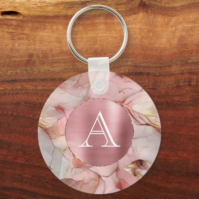 Blush Pink Gold Leaves Monogram Keychain (Front)