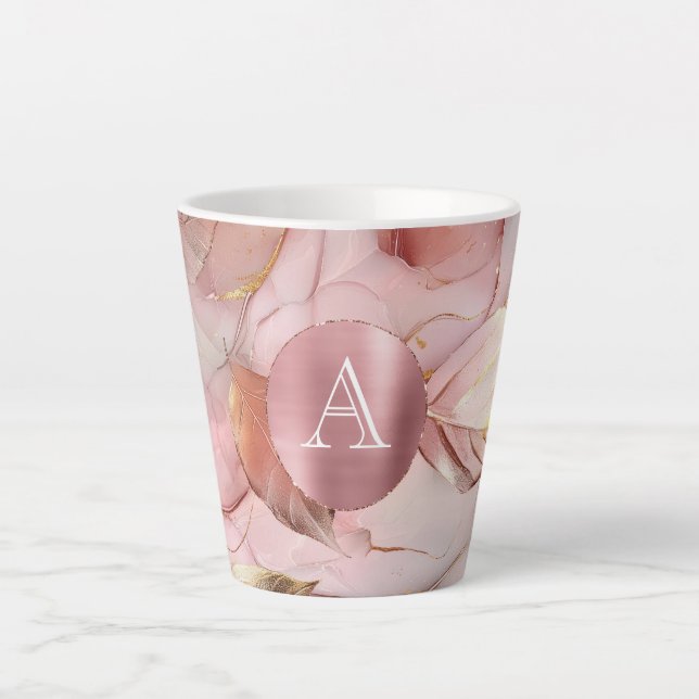 Blush Pink Gold Leaves Monogram Latte Mug (Front)