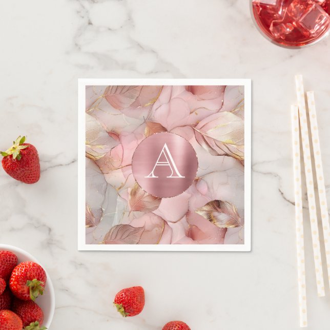 Blush Pink Gold Leaves Monogram Napkins (Insitu)