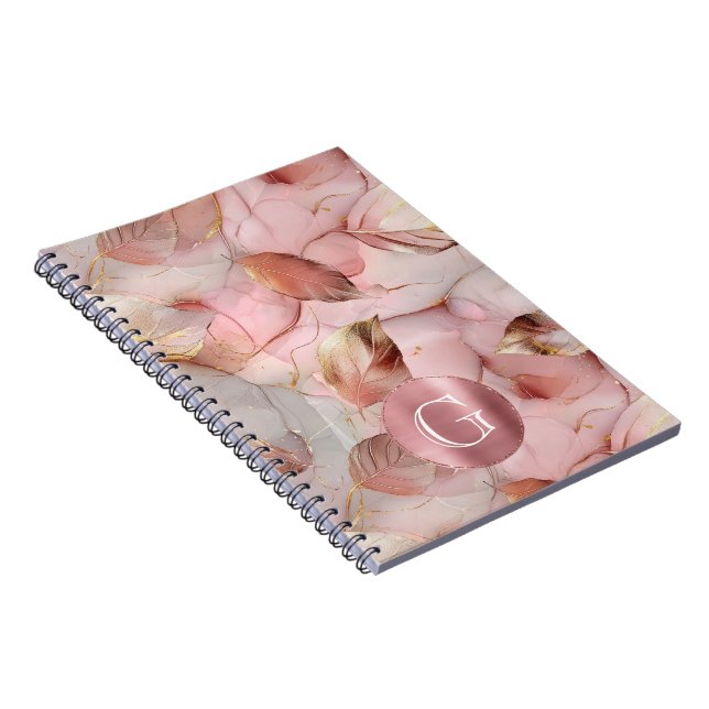 Blush Pink Gold Leaves Monogram Notebook (Right Side)