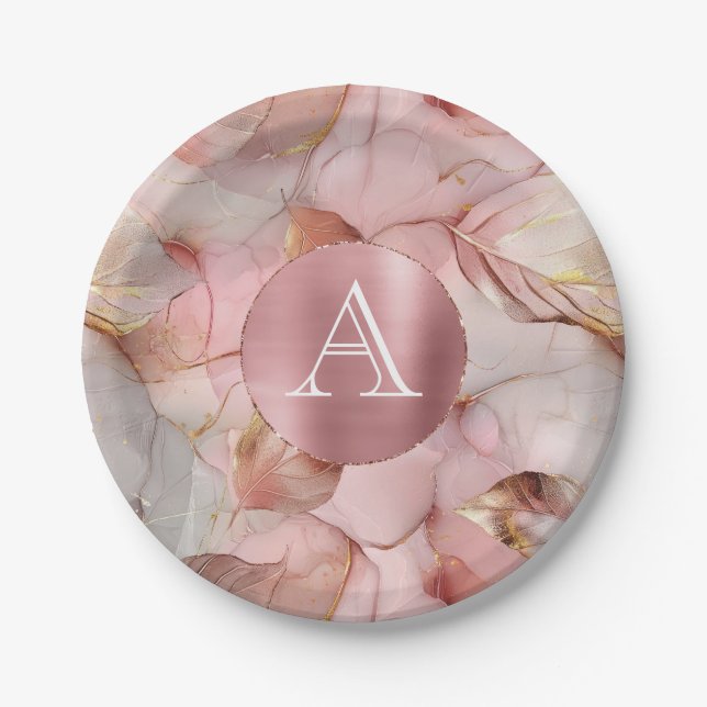 Blush Pink Gold Leaves Monogram Paper Plates (Front)