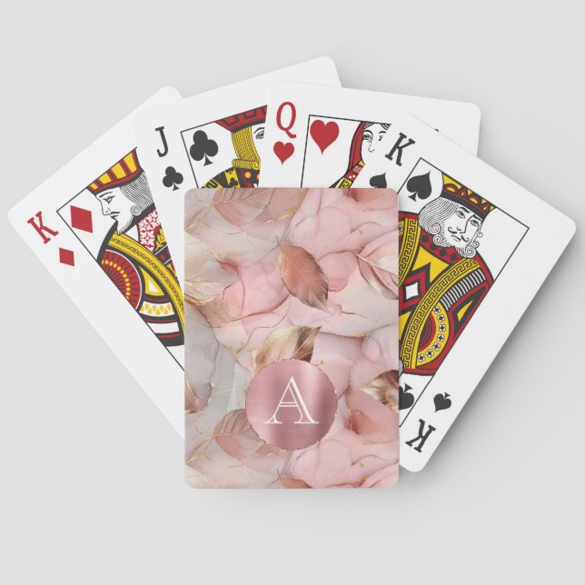 Blush Pink Gold Leaves Monogram Poker Cards (Back)