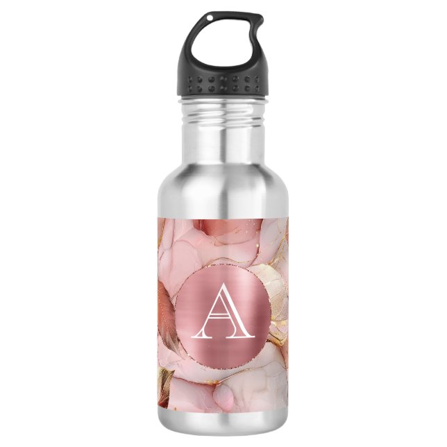 Blush Pink Gold Leaves Monogram Stainless Steel Water Bottle (Front)