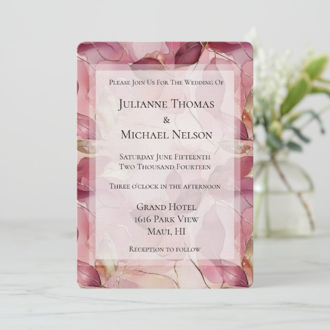 Blush Pink Gold Leaves Romantic Wedding Invitation (Standing Front)