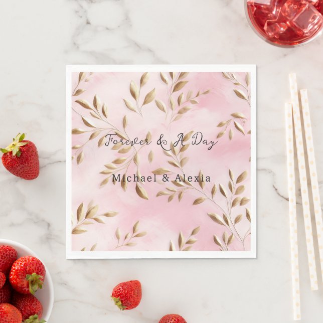 Blush Pink Gold Leaves Wedding Napkins (Insitu)