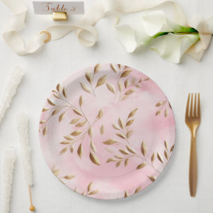 Blush Pink Gold Leaves Wedding Paper Plates