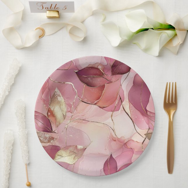 Blush Pink Gold Leaves Wedding Paper Plates (Wedding)