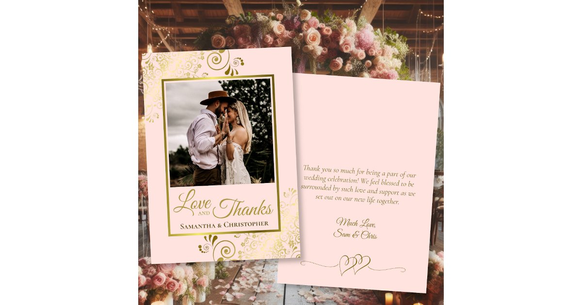 Blush Pink & Gold Love Thanks Photo & Note Wedding Thank You Card | Zazzle