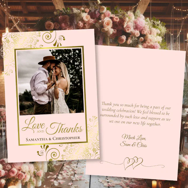 Blush Pink & Gold Love Thanks Photo & Note Wedding Thank You Card | Zazzle