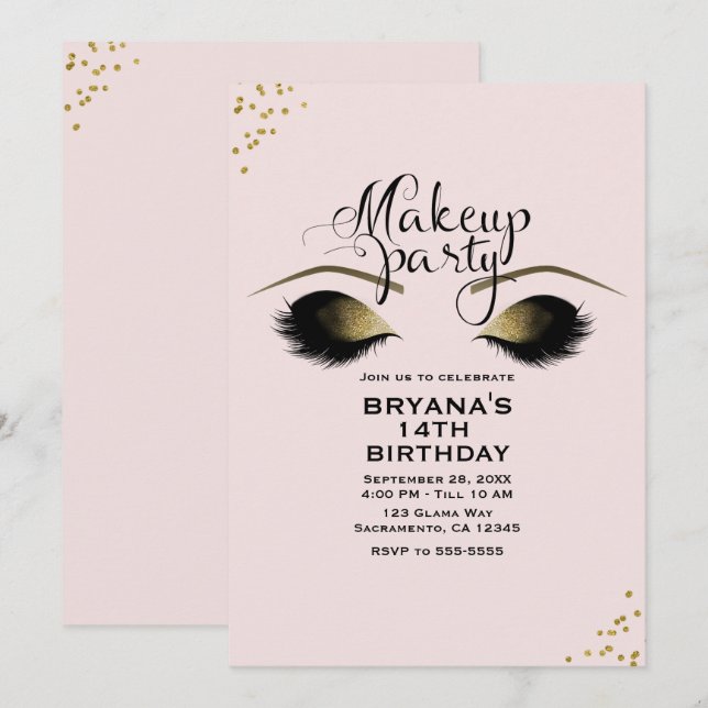 Blush Pink Gold Makeup Eyelashes Party Event Invitation (Front/Back)