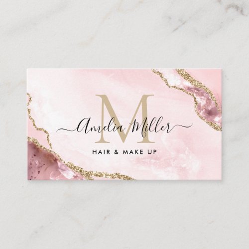 Blush Pink Gold Marble Agate Hair Makeup Monogram Business Card