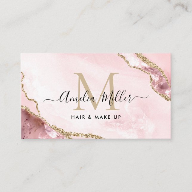 Blush Pink Gold Marble Agate Hair Makeup Monogram Business Card (Front)