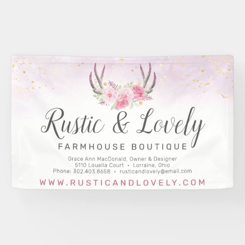 Blush Pink Gold Marble Rustic Floral Antlers Chic Banner