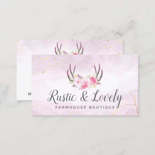 Blush Pink Gold Marble Rustic Floral Antlers Chic Business Card
