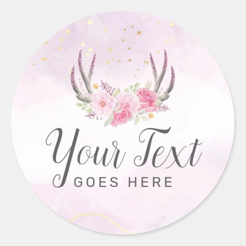 Blush Pink Gold Marble Rustic Floral Antlers Chic Classic Round Sticker