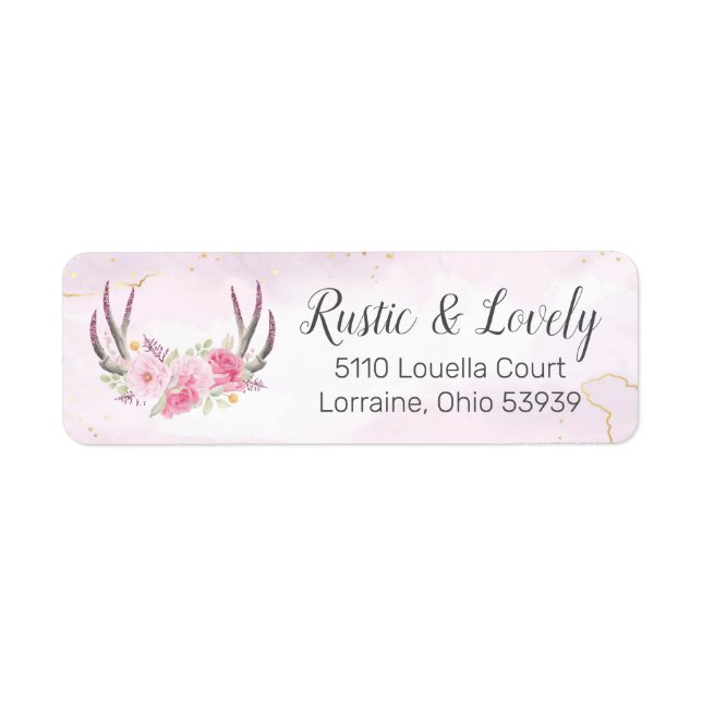 Blush Pink Gold Marble Rustic Floral Antlers Chic Label (Front)