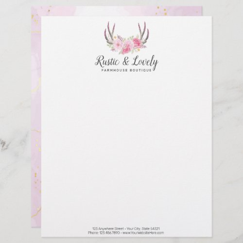 Blush Pink Gold Marble Rustic Floral Antlers Chic Letterhead