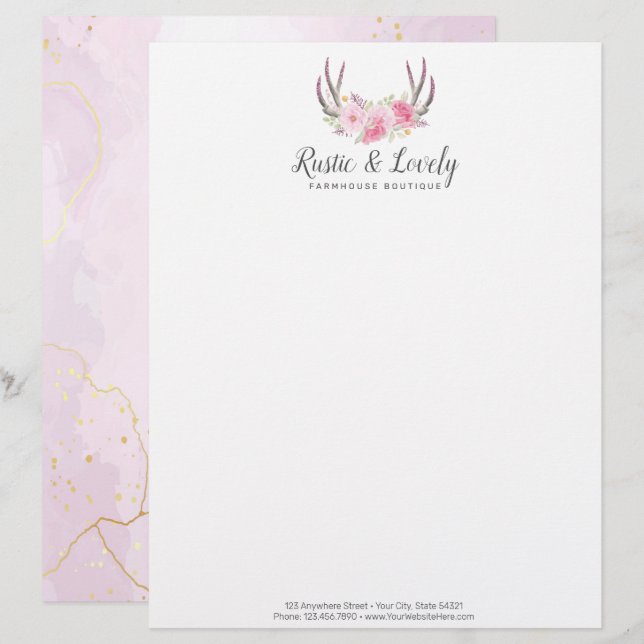 Blush Pink Gold Marble Rustic Floral Antlers Chic Letterhead (Front/Back)