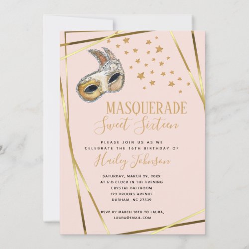 Blush Pink  gold Masquerade Birthday party Announcement