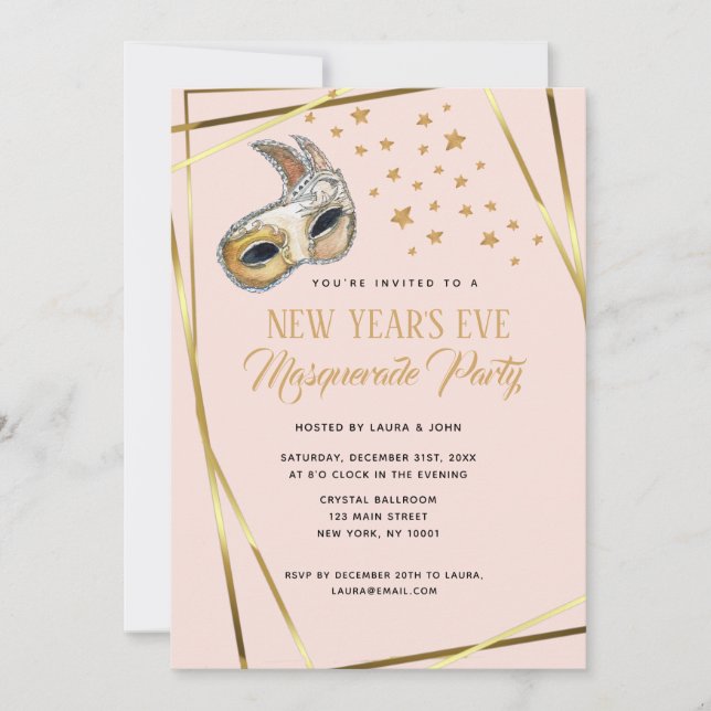Blush Pink & gold Masquerade New Year's party Announcement (Front)