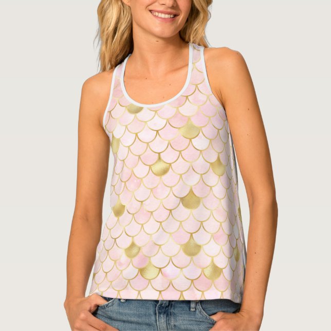 Blush Pink Gold Mermaid Scales All Over Print Tank Top (Front)