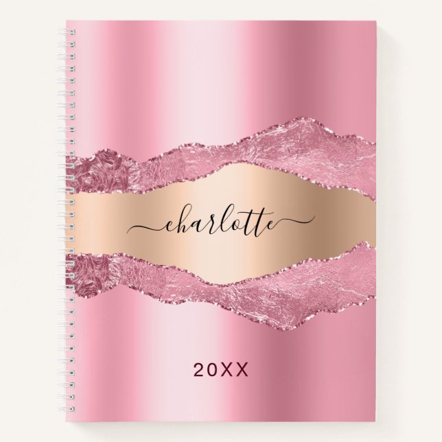Blush pink gold metal agate marble name notebook (Front)