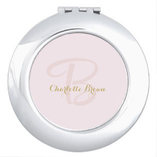 Blush Pink Gold Minimalist Monogram Compact Mirror